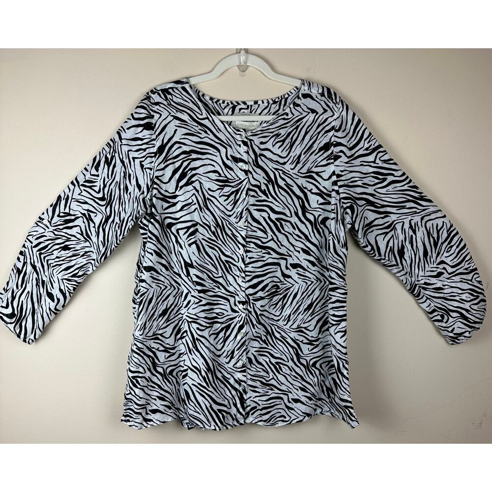 Cynthia Rowley Linen Zebra Print Mother of Pearl Button Front Resort Top Size 1X